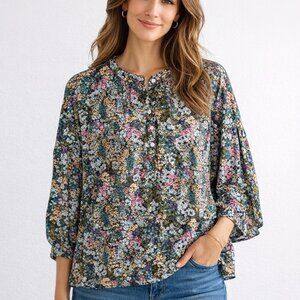 J Jill Womens XL Petite Floral Rayon Blouse Peasant Boho 3/4 Sleeve Top Popover
